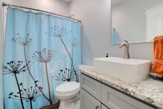 full bath featuring vanity, curtained shower, and toilet