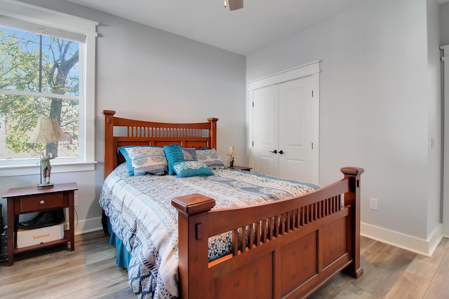 bedroom with a closet, multiple windows, and wood finished floors