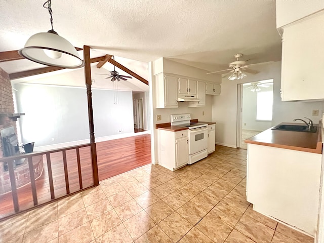 kitchen with a sink, a ceiling fan, under cabinet range hood, white cabinetry, and white electric range