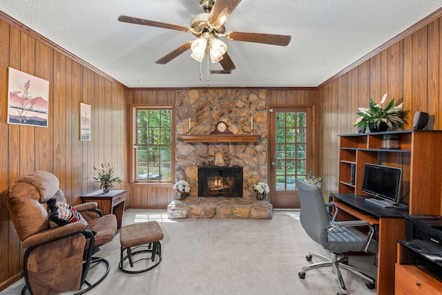 carpeted office space with plenty of natural light, wood walls, and a textured ceiling