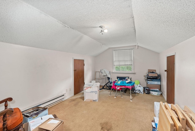 bonus room with carpet, a textured ceiling, and vaulted ceiling