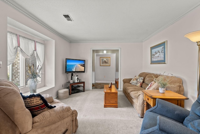 living room with light carpet, a textured ceiling, and crown molding