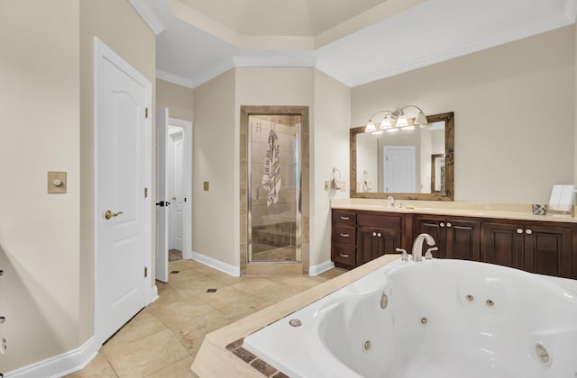 full bath with a whirlpool tub, a shower stall, crown molding, vanity, and baseboards