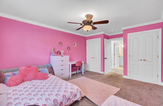 bedroom with carpet floors, ceiling fan, ornamental molding, and baseboards