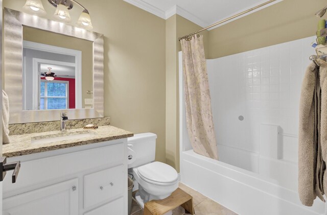 full bath featuring ornamental molding, toilet, vanity, tile patterned flooring, and shower / bath combo with shower curtain