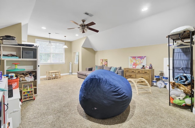 rec room featuring carpet, ceiling fan, baseboards, recessed lighting, and vaulted ceiling