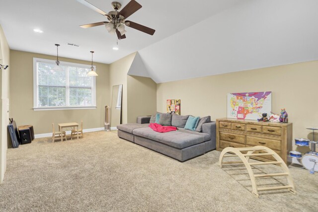 living area featuring ceiling fan, carpet flooring, baseboards, and recessed lighting