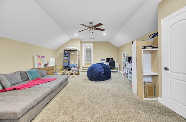 living room featuring carpet floors, vaulted ceiling, a ceiling fan, and recessed lighting