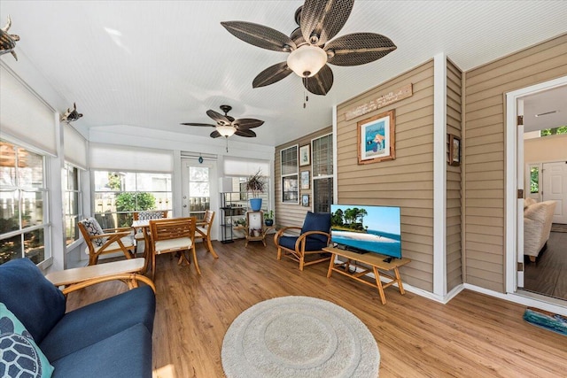 1330 Somersby Ln, Mount Pleasant, SC 29466 - sunroom featuring a ceiling fan, wood finished floors, and wood walls