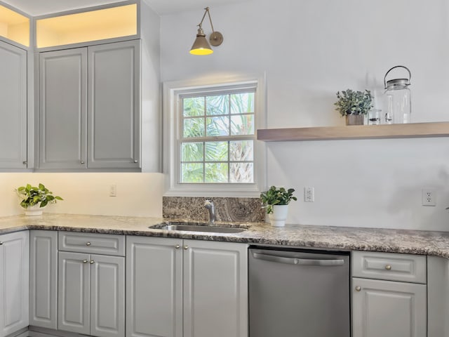 1491 Greenshade Way, Mount Pleasant, SC 29464 - kitchen with dishwasher, a sink, open shelves, and white cabinets