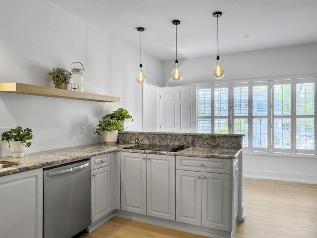1491 Greenshade Way, Mount Pleasant, SC 29464 - kitchen featuring stainless steel dishwasher, a peninsula, black electric stovetop, open shelves, and light wood finished floors