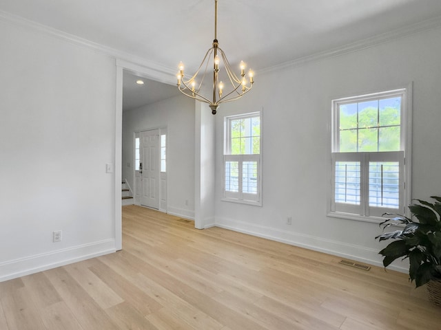 1491 Greenshade Way, Mount Pleasant, SC 29464 - unfurnished room with ornamental molding, a chandelier, light wood-style floors, stairs, and baseboards