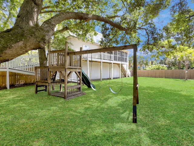 1491 Greenshade Way, Mount Pleasant, SC 29464 - rear view of house with a playground, a sunroom, and stairs