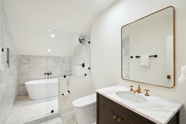 bathroom with toilet, vaulted ceiling, vanity, a freestanding tub, and walk in shower