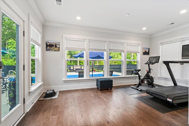 2331 Brinkley Rd, Johns Island, SC 29455 - exercise area featuring ornamental molding, wood finished floors, and recessed lighting