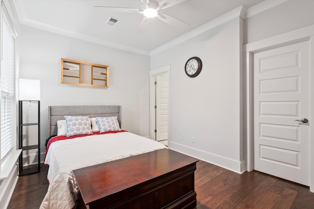 2331 Brinkley Rd, Johns Island, SC 29455 - bedroom with ornamental molding, dark wood-style flooring, and a ceiling fan