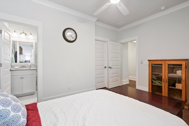2331 Brinkley Rd, Johns Island, SC 29455 - bedroom with ornamental molding, ensuite bathroom, wood finished floors, and ceiling fan