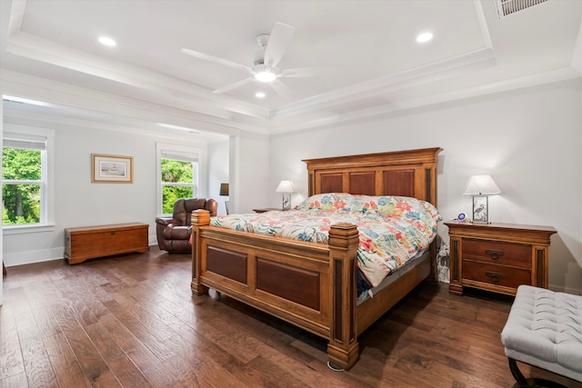 2331 Brinkley Rd, Johns Island, SC 29455 - bedroom featuring a raised ceiling, dark wood finished floors, recessed lighting, and ceiling fan