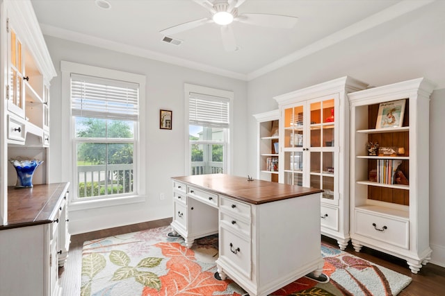 2331 Brinkley Rd, Johns Island, SC 29455 - office space with dark wood-style flooring, ceiling fan, and crown molding