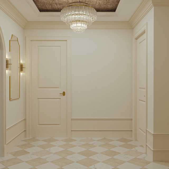 8 Homel Pl, Charleston, SC 29403 - interior space with arched walkways, a decorative wall, a notable chandelier, and a raised ceiling