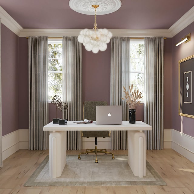 8 Homel Pl, Charleston, SC 29403 - home office with crown molding, light wood-type flooring, an inviting chandelier, and wainscoting