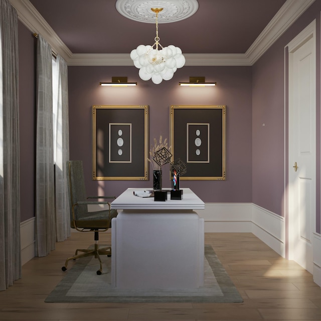 8 Homel Pl, Charleston, SC 29403 - office area with wainscoting, wood finished floors, an inviting chandelier, and ornamental molding