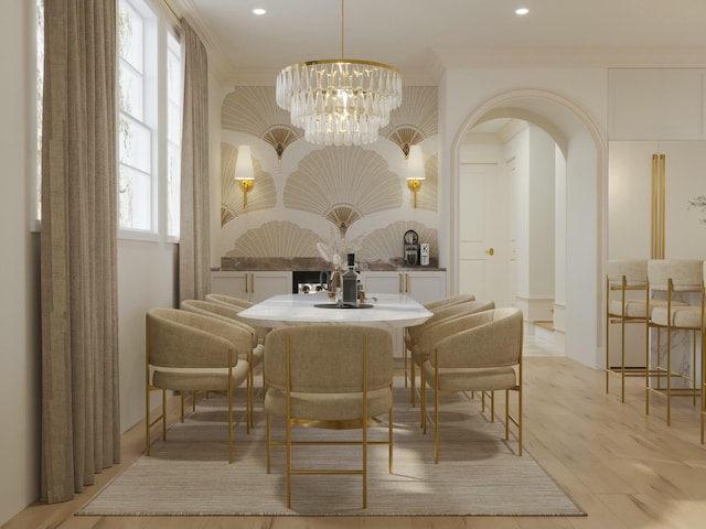 8 Homel Pl, Charleston, SC 29403 - dining area with crown molding, recessed lighting, an inviting chandelier, and light wood-type flooring