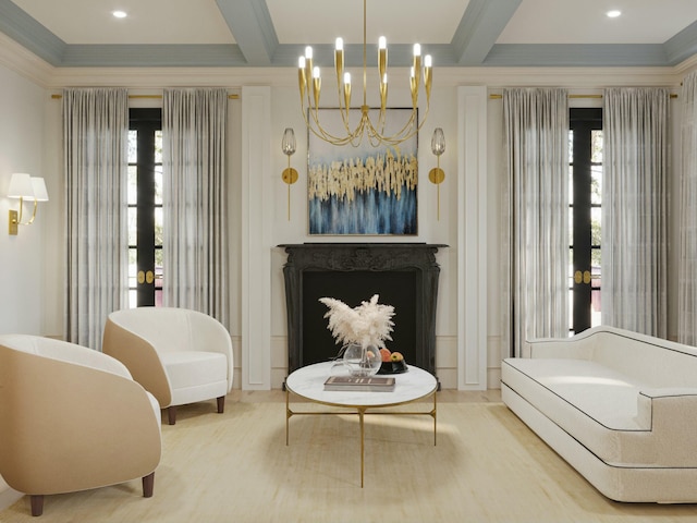 8 Homel Pl, Charleston, SC 29403 - living area featuring crown molding, beamed ceiling, a fireplace, a chandelier, and wood finished floors