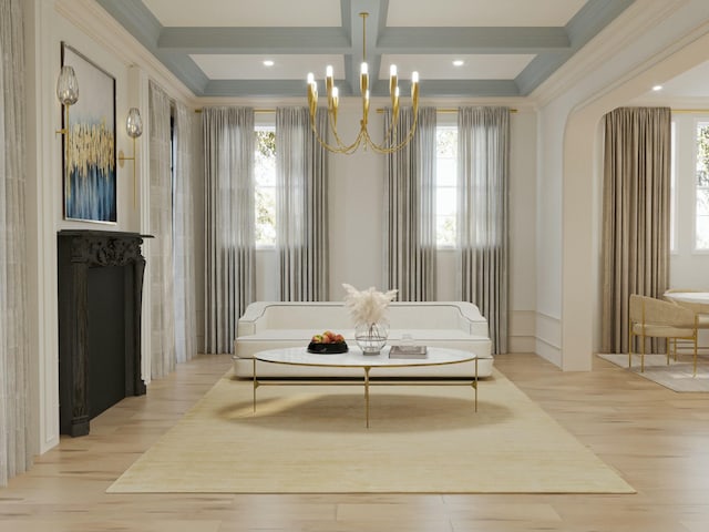8 Homel Pl, Charleston, SC 29403 - sitting room with a chandelier, ornamental molding, plenty of natural light, and coffered ceiling