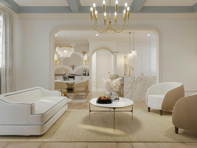 8 Homel Pl, Charleston, SC 29403 - living area featuring a notable chandelier, ornamental molding, beamed ceiling, arched walkways, and wood finished floors