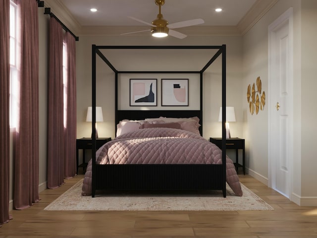 8 Homel Pl, Charleston, SC 29403 - bedroom featuring ceiling fan, light wood-style flooring, ornamental molding, recessed lighting, and baseboards