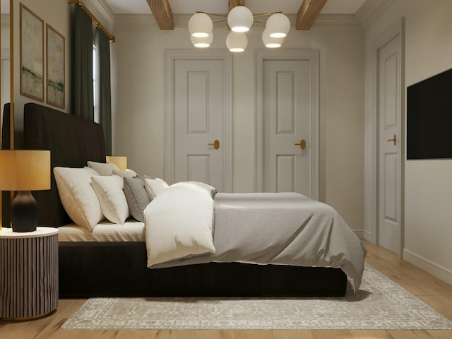 8 Homel Pl, Charleston, SC 29403 - bedroom with light wood-style flooring, baseboards, beam ceiling, and a notable chandelier