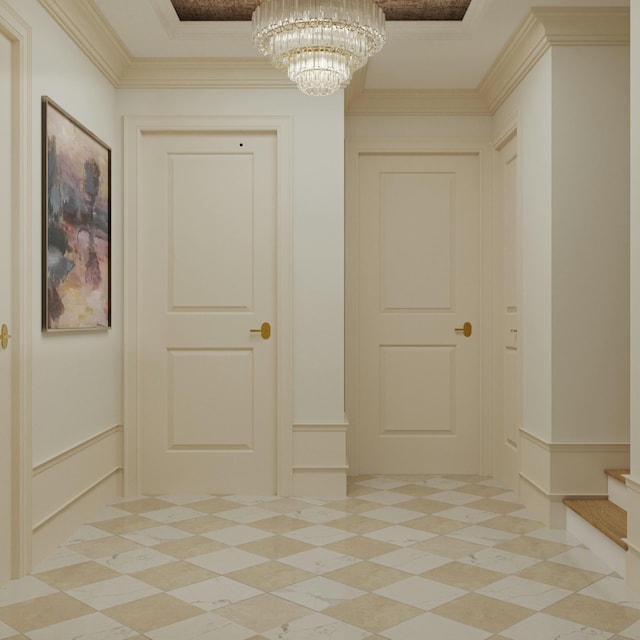 8 Homel Pl, Charleston, SC 29403 - interior space featuring a decorative wall, ornamental molding, and an inviting chandelier