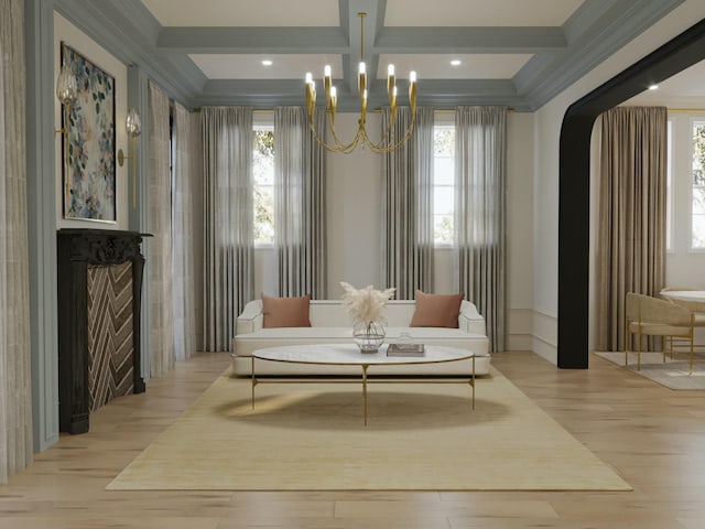 8 Homel Pl, Charleston, SC 29403 - sitting room with a notable chandelier, wood finished floors, coffered ceiling, and a healthy amount of sunlight
