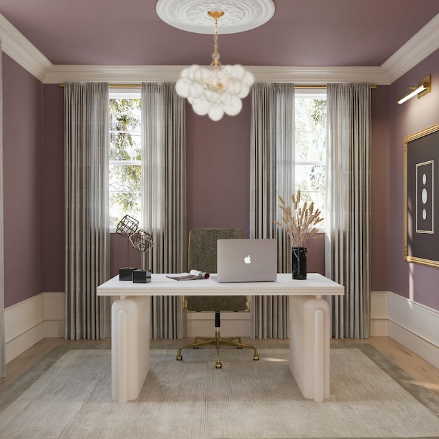 8 Homel Pl, Charleston, SC 29403 - home office featuring crown molding, a wainscoted wall, and a chandelier