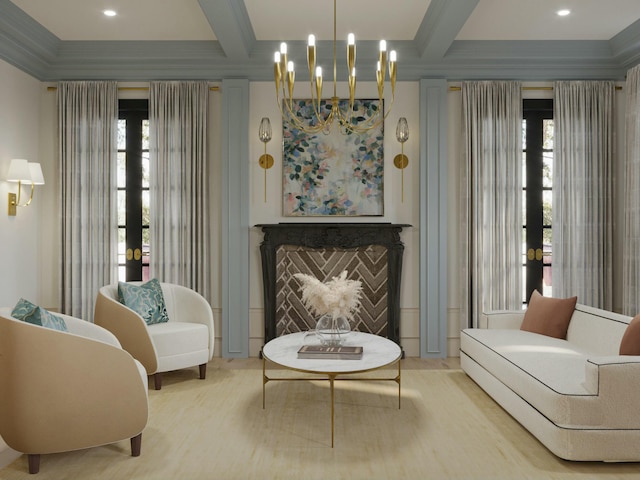8 Homel Pl, Charleston, SC 29403 - living area with beamed ceiling, a fireplace, ornamental molding, a chandelier, and coffered ceiling