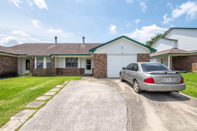 7621 Oldridge Rd, North Charleston, SC 29418 - ranch-style house with brick siding, an attached garage, concrete driveway, a front lawn, and roof with shingles