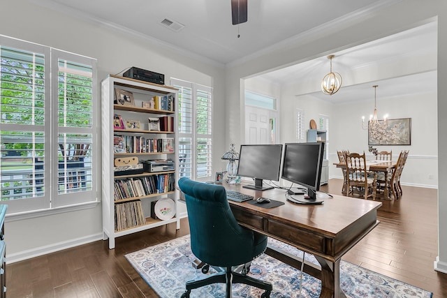 2467 Bergeron Way, Mount Pleasant, SC 29466 - office area featuring crown molding, wood finished floors, a chandelier, ceiling fan, and baseboards