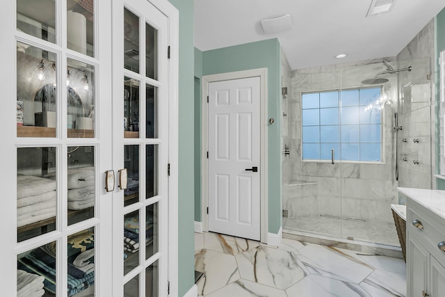 2467 Bergeron Way, Mount Pleasant, SC 29466 - full bathroom featuring a stall shower, vanity, marble finish flooring, and french doors
