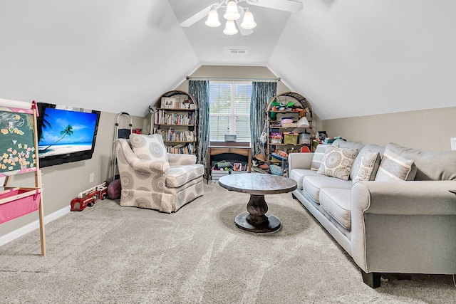 2467 Bergeron Way, Mount Pleasant, SC 29466 - carpeted living area featuring ceiling fan, vaulted ceiling, and baseboards