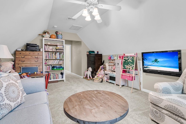 2467 Bergeron Way, Mount Pleasant, SC 29466 - carpeted living room with vaulted ceiling, a ceiling fan, and baseboards