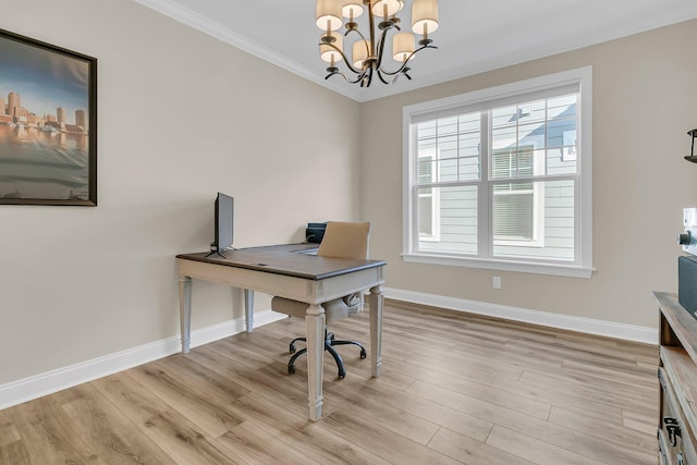 home office featuring ornamental molding, baseboards, a chandelier, and light wood-type flooring