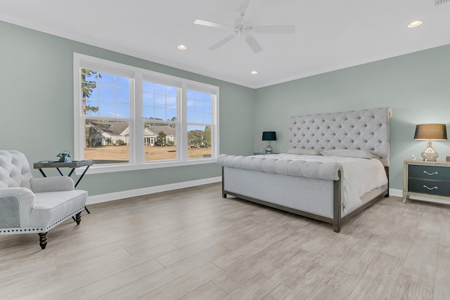 bedroom featuring recessed lighting, light wood-style floors, baseboards, and ceiling fan
