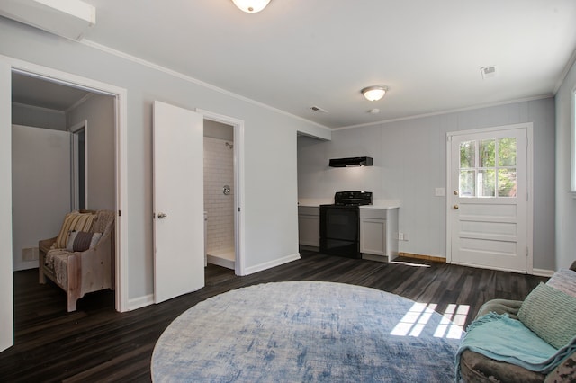 entryway with ornamental molding and dark wood-type flooring