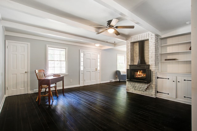 living room with ceiling fan and dark wood-type flooring