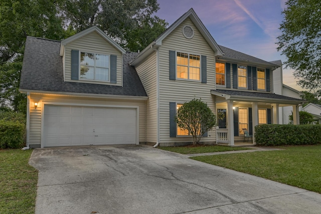 1616 Dotterers Run, Charleston, SC 29414 - view of front of house featuring concrete driveway, a porch, a yard, a shingled roof, and a garage