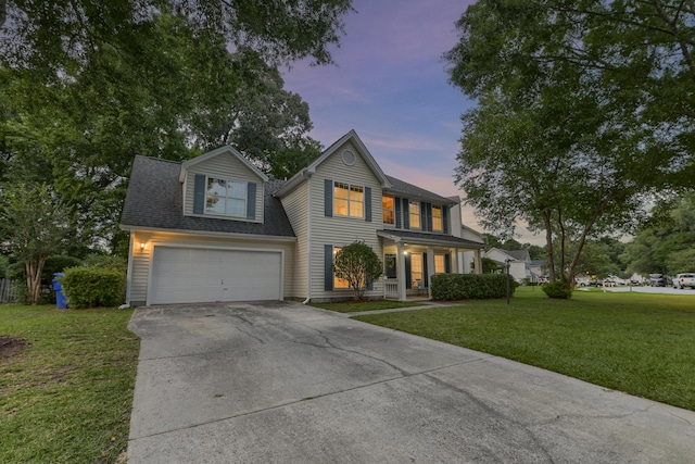 1616 Dotterers Run, Charleston, SC 29414 - view of front facade featuring concrete driveway, a garage, a porch, a front yard, and roof with shingles