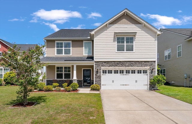 364 Deep River Rd, Summerville, SC 29486 - craftsman-style house with an attached garage, a front yard, stone siding, and concrete driveway