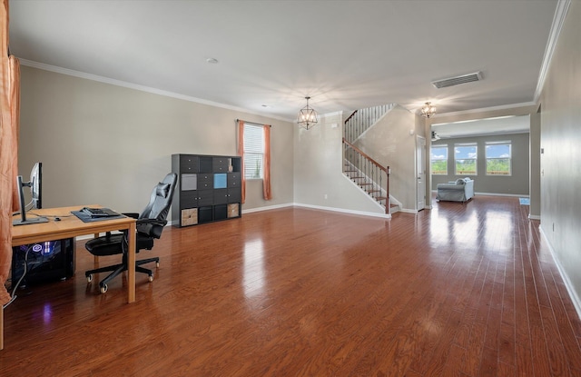 364 Deep River Rd, Summerville, SC 29486 - office with visible vents, wood finished floors, baseboards, a chandelier, and ornamental molding