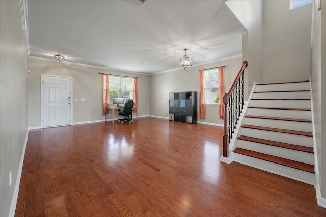 364 Deep River Rd, Summerville, SC 29486 - living room featuring crown molding, an inviting chandelier, stairway, and wood finished floors